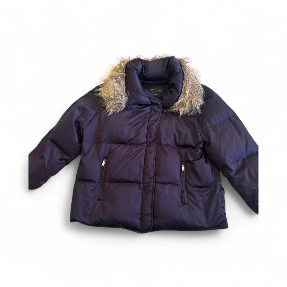 Ann Taylor Down Puffer Jacket Navy Blue Removable Faux Fur Collar Size Large